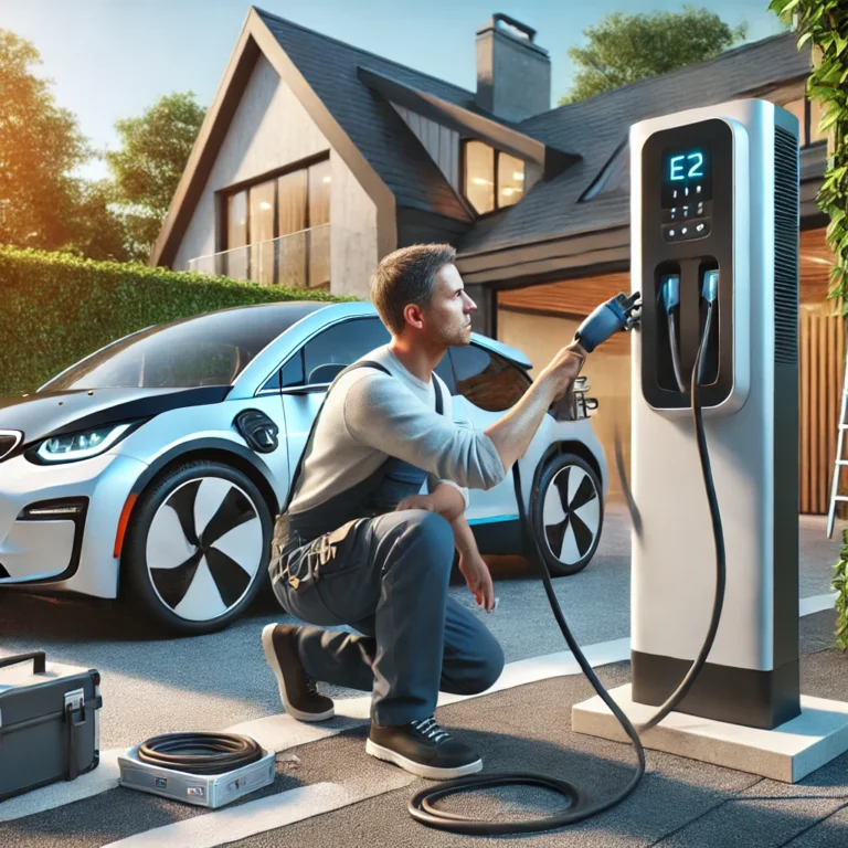 Electrician installing an EV charging station outside a modern home, promoting green energy solutions in Haverhill suffolk