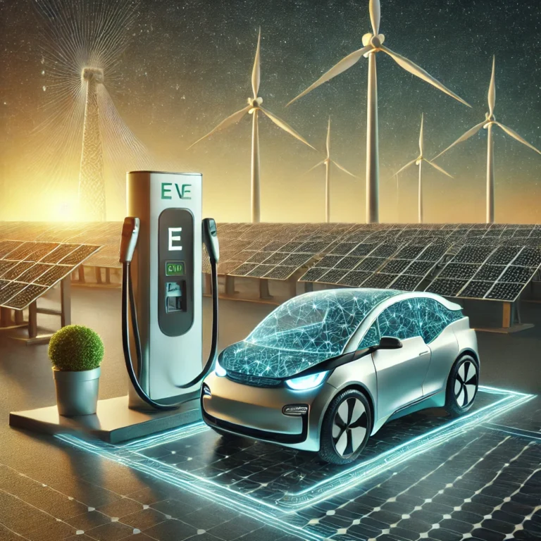 A futuristic EV charging station powered by renewable energy, with solar panels and wind turbines in the background. The scene emphasizes sustainability and eco-friendly energy sources.
