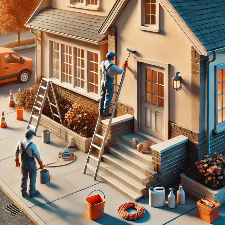 A homeowner signing a property maintenance contract with a service provider, with visible documents outlining inspection schedules and repair services.