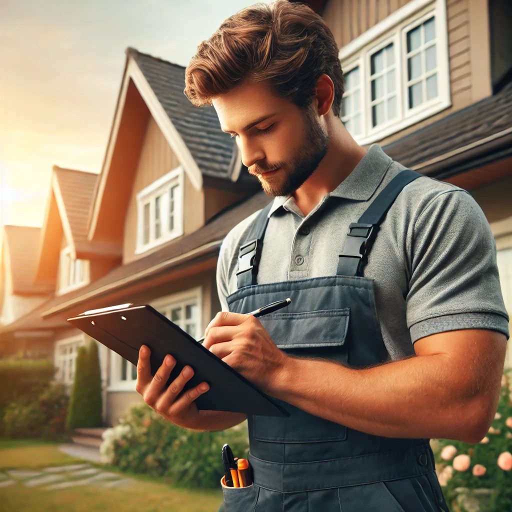 A professional property maintenance worker in uniform, inspecting the exterior of a home for potential repairs. The background features a well-kept residential property.
