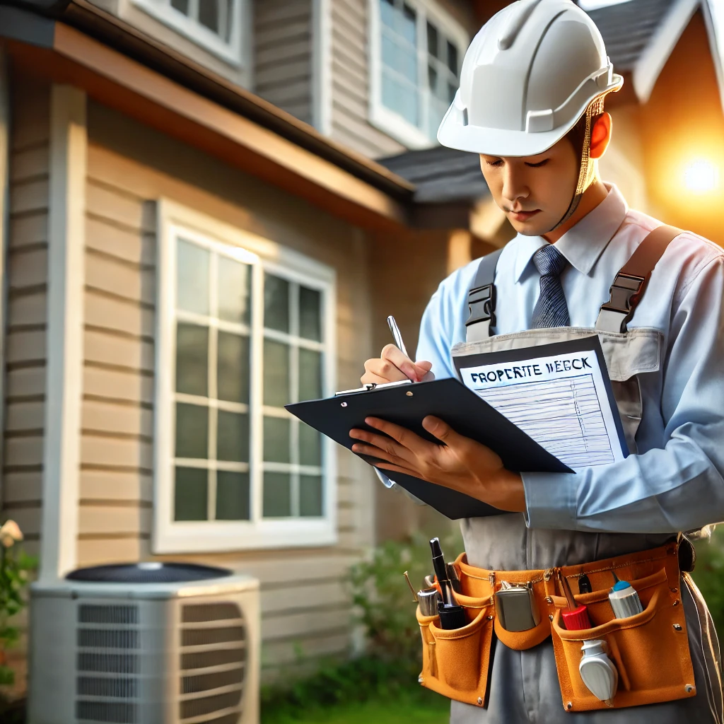 A property inspector conducting a routine check, holding a clipboard while examining a home’s exterior, windows, and HVAC system to ensure everything is in working order.