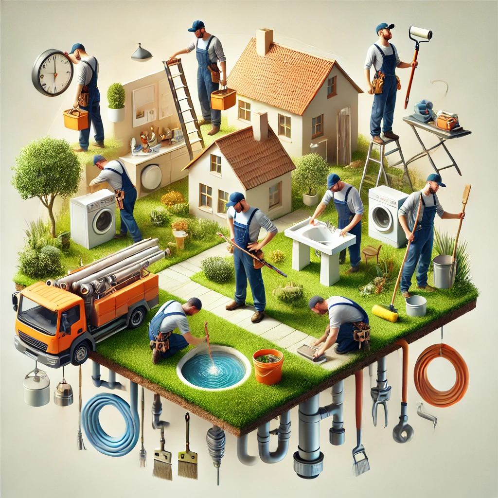A team of property maintenance professionals working on various tasks, including painting, plumbing repairs, and lawn care, illustrating a full-service approach to property upkeep.