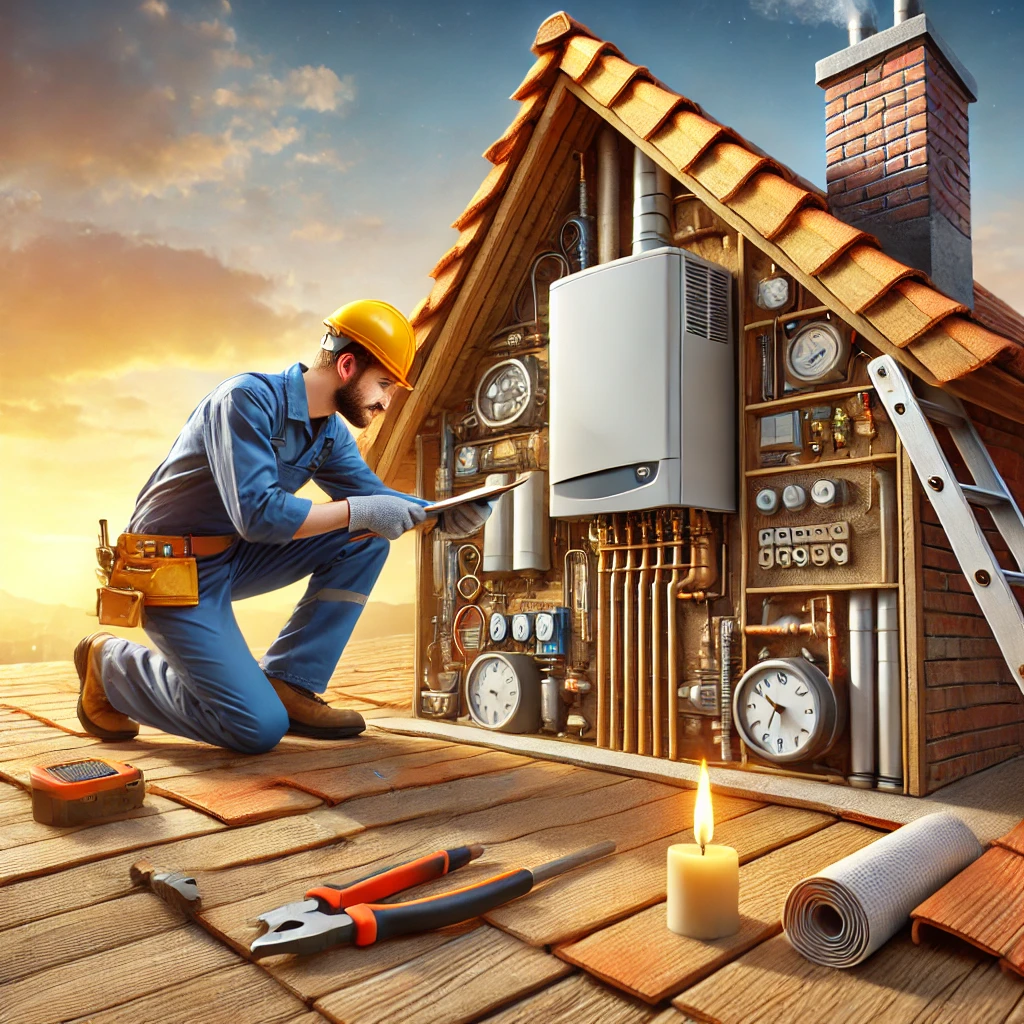 A technician conducting preventative property care, inspecting roof shingles, checking a boiler, and sealing foundation cracks to prevent future issues.