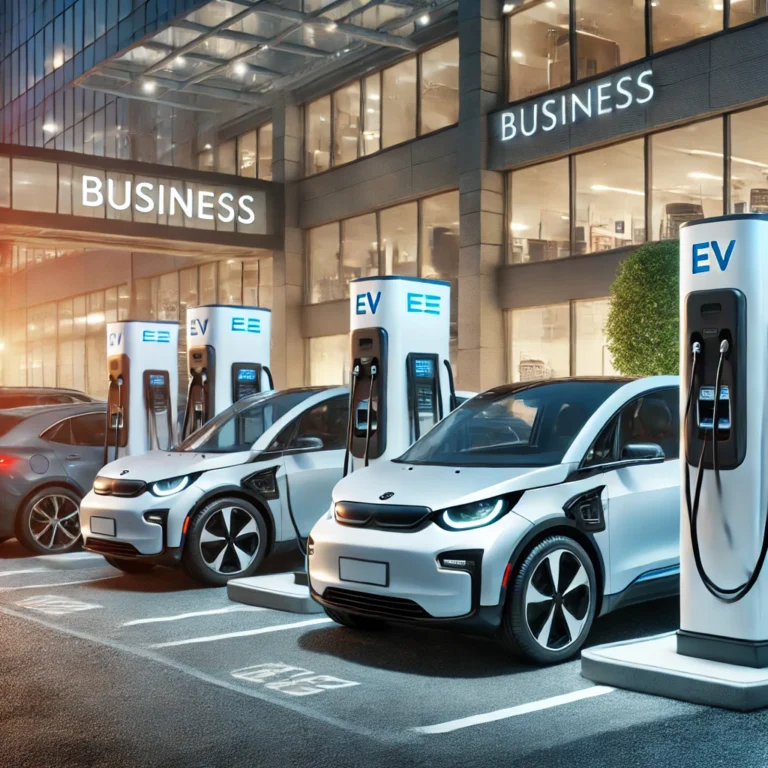 A professional technician installing an EV charging station at a modern home, with an electric vehicle parked in the driveway. Solar panels are visible in the background, emphasizing clean energy integration.