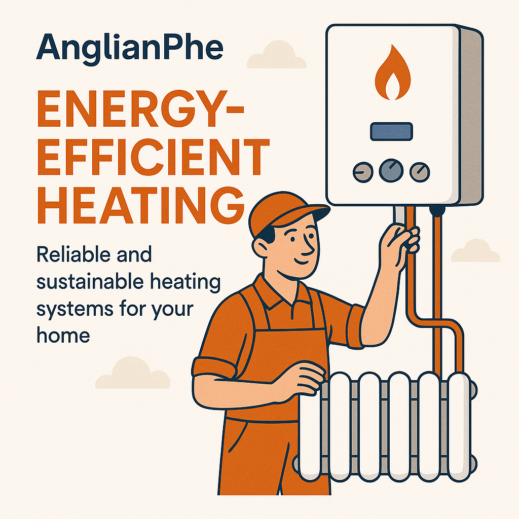 2D graphic for AnglianPhe showcasing energy-efficient heating, with a technician adjusting a boiler and radiator, alongside the text Reliable and sustainable heating systems for your home.