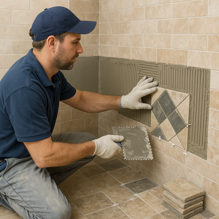 A professional tile installer applying ceramic wall tiles in a diamond pattern using a notched trowel and spacers during a bathroom renovation.