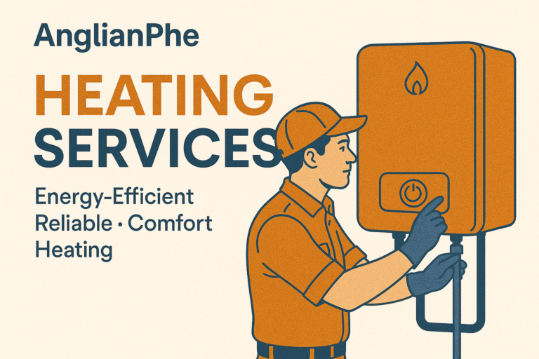 AnglianPhe promotional graphic for heating services, showing a technician adjusting a wall-mounted heating unit with the message Energy-Efficient • Reliable • Comfort Heating.