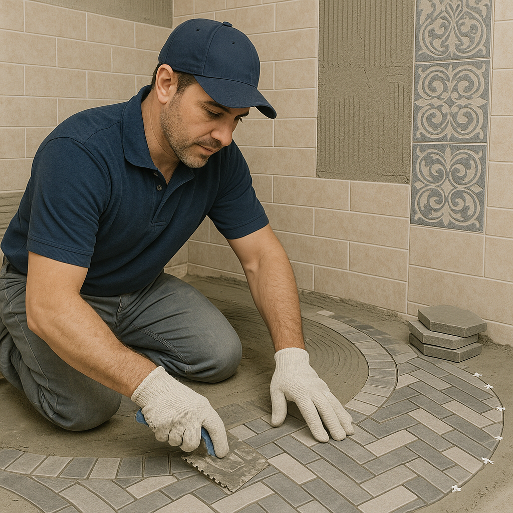 Expert tile installer creating a curved herringbone pattern on a bathroom floor using natural stone tiles, highlighting custom tiling craftsmanship.