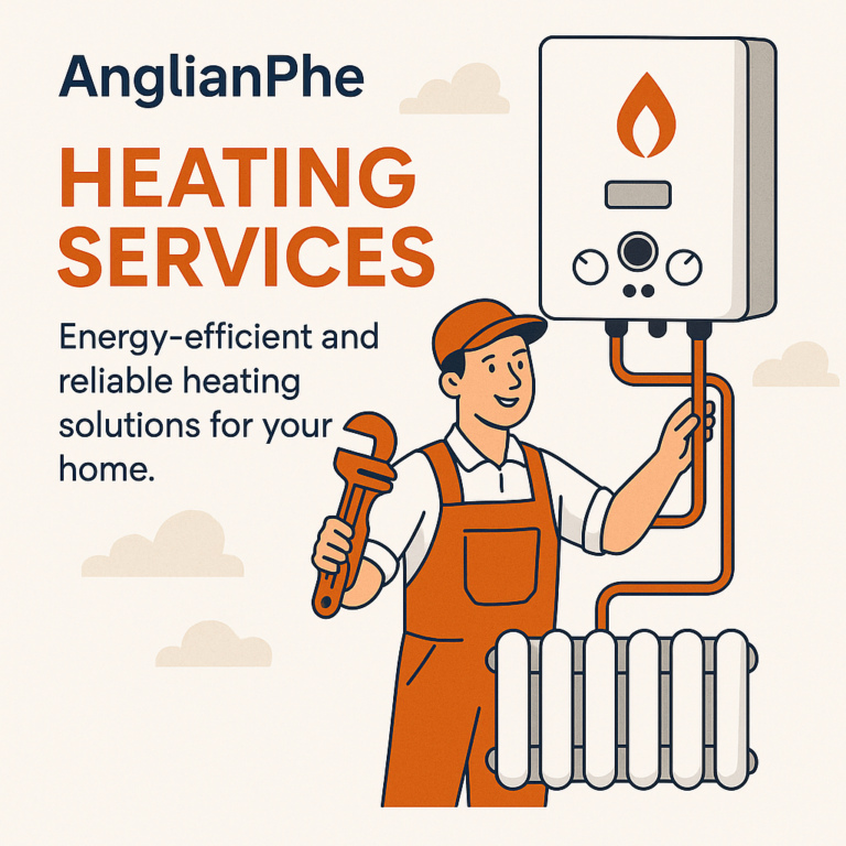 Promotional graphic for AnglianPhe heating services, featuring a technician in orange uniform servicing a boiler and radiator, with the text