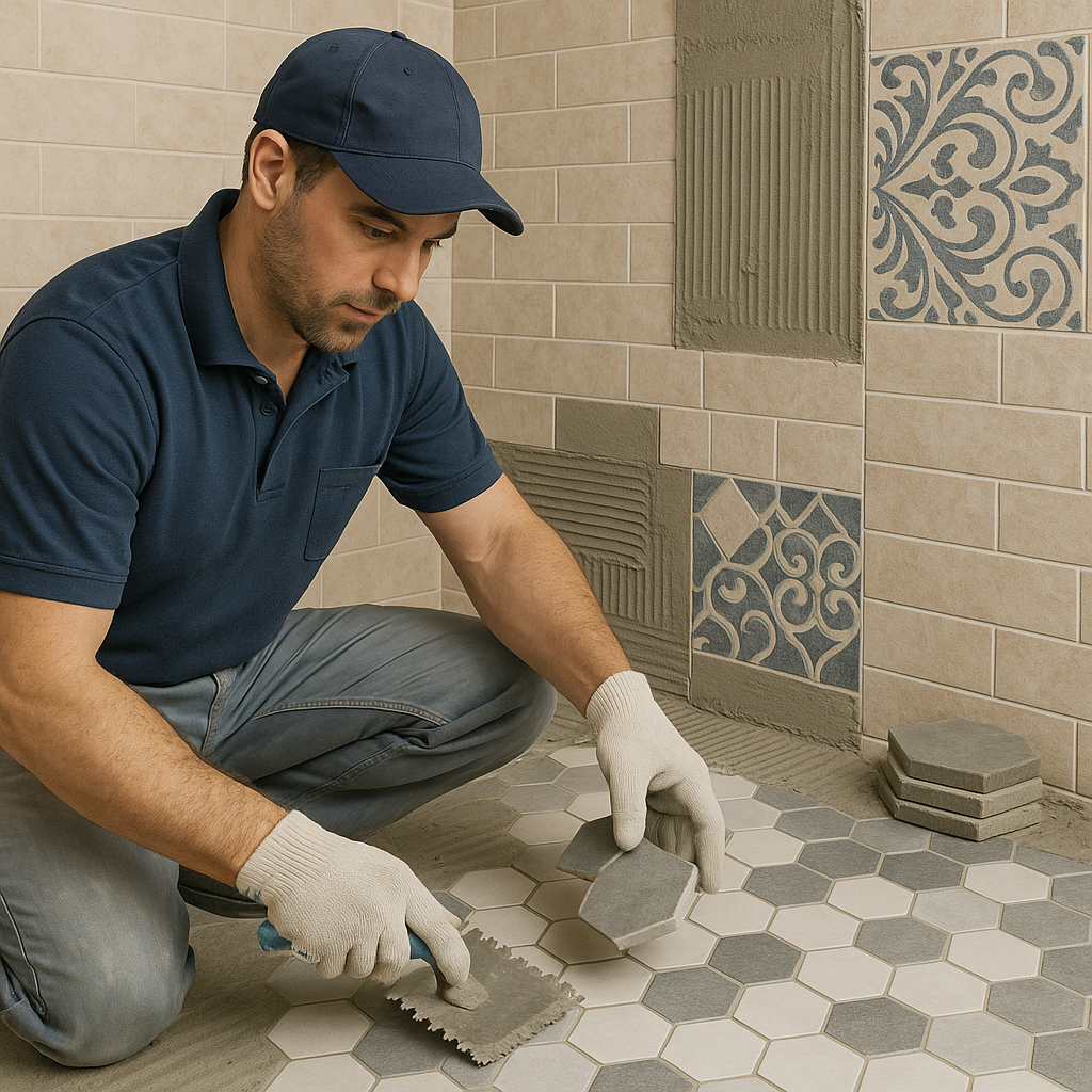 Skilled tile technician laying hexagonal ceramic floor tiles while decorative floral tiles adorn the wall, showcasing intricate tile design ideas.