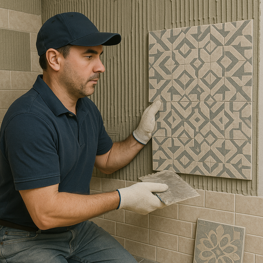Tiling specialist aligning geometric-patterned ceramic wall tiles with precision during a high-quality tile installation project.