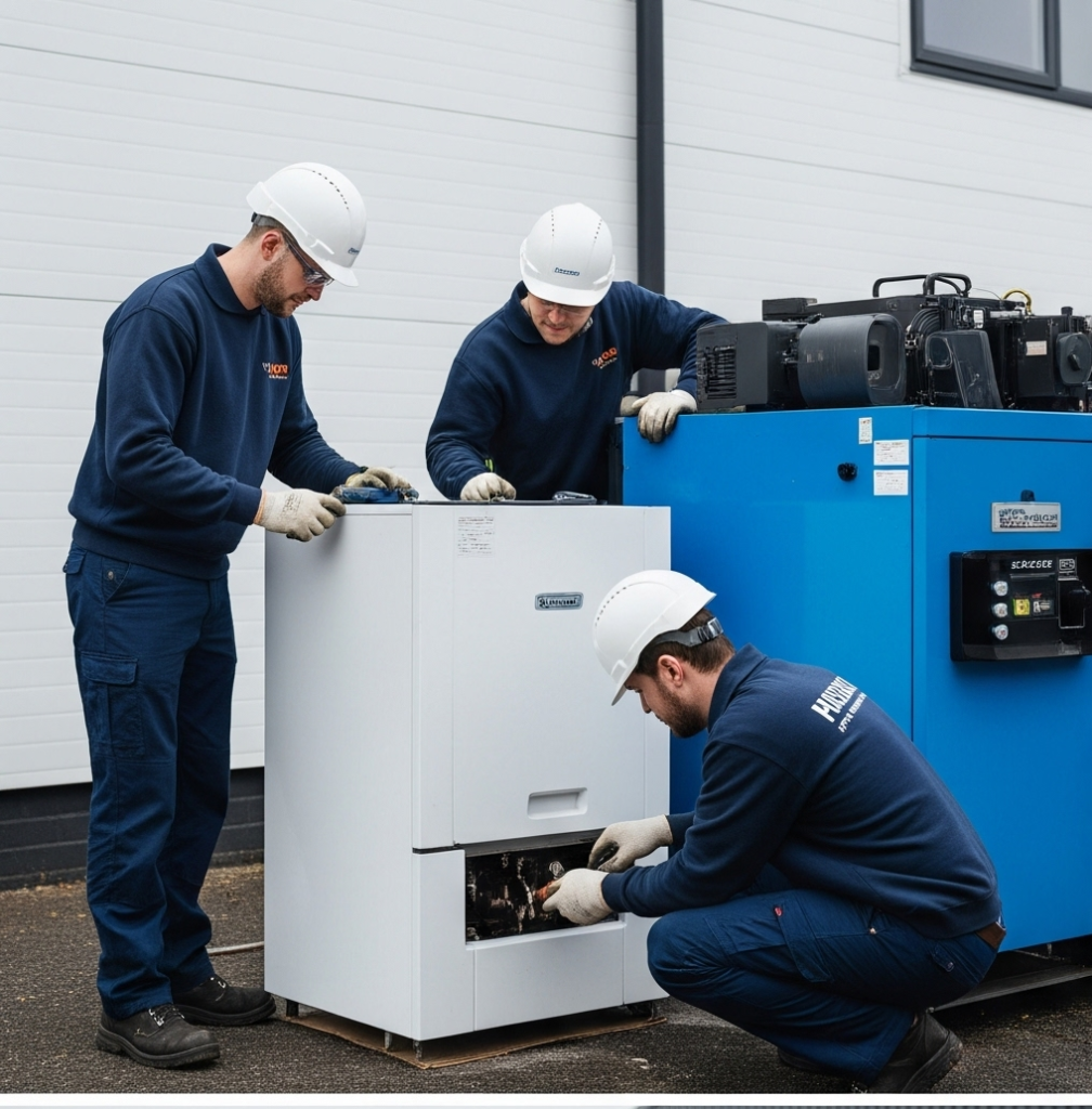 Crew servicing a white cabinet-style system as part of boiler repair, emergency boiler repair readiness and routine boiler services after boiler installation.