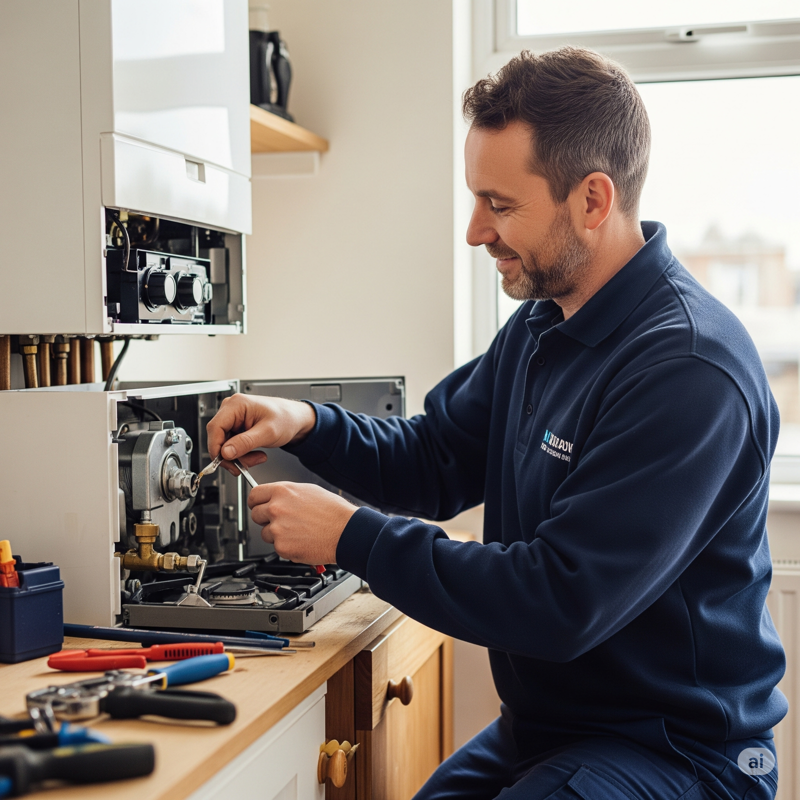 Engineer in blue coveralls uses pliers to connect piping during a new Worcester System boiler Newmarket installation, showing boiler installs Newmarket and new Worcester boiler Newmarket work.