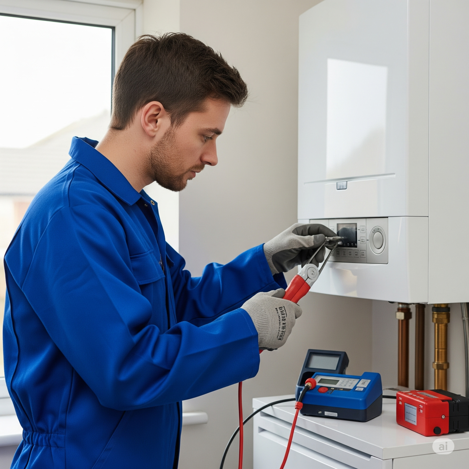 Technician in a blue polo shirt uses a combustion analyzer on a recently installed oil boiler, demonstrating oil boiler installation Newmarket and oil boiler installations Newmarket services in a bright utility space.