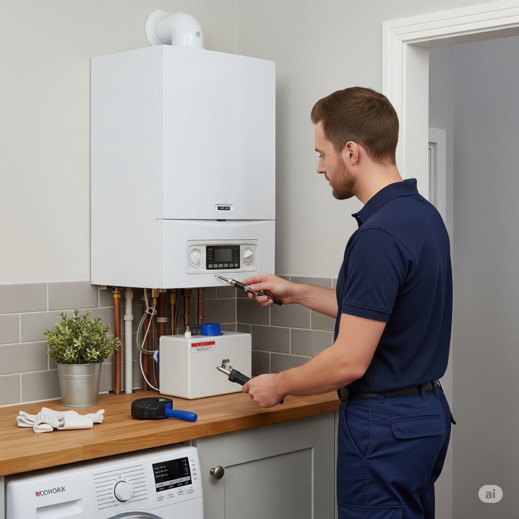 Technician in navy workwear smiles while servicing a white wall-mounted boiler in a kitchen, highlighting boiler servicing Newmarket and boiler service Newmarket as part of routine maintenance.