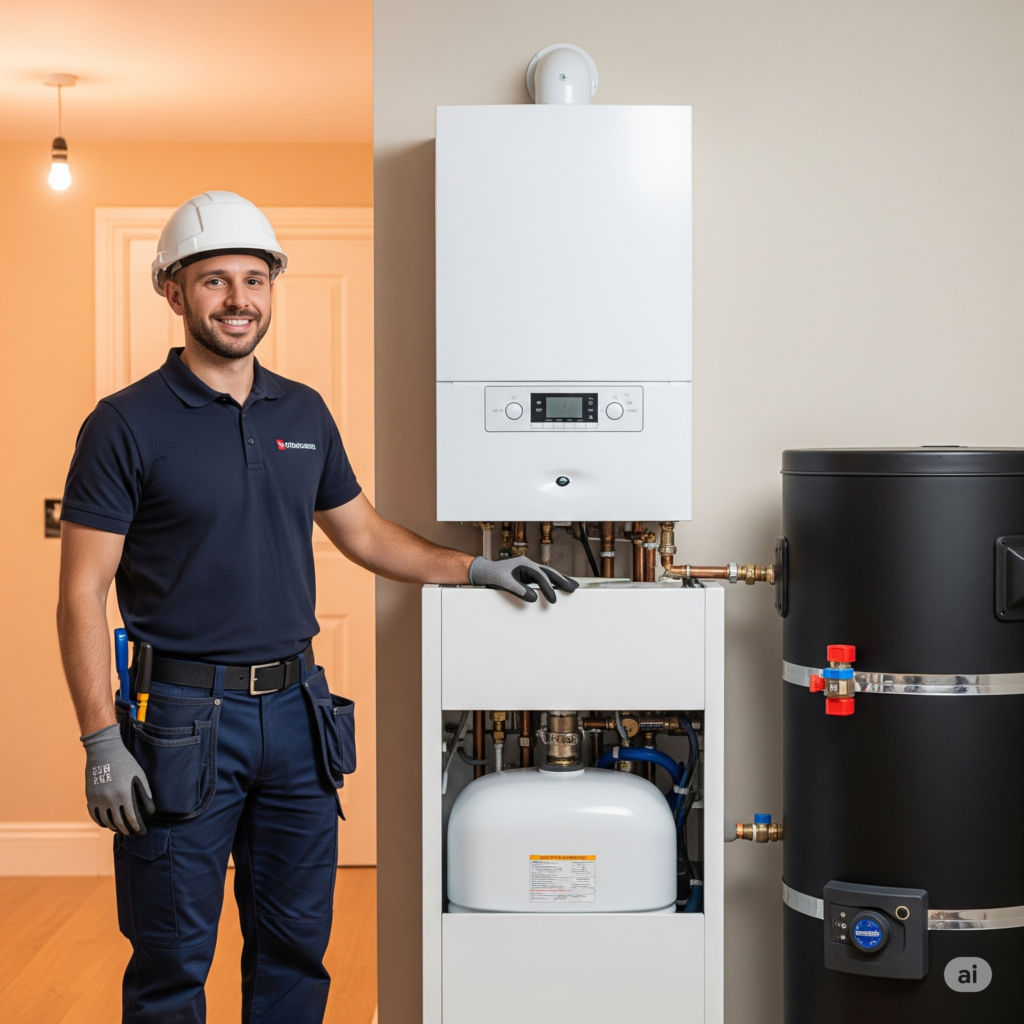 Male engineer wearing a hard hat and gloves stands next to a newly installed Worcester Bosch boiler in a utility room, representing Worcester Bosch new boiler installations Newmarket and gas boiler installations Newmarket expertise.