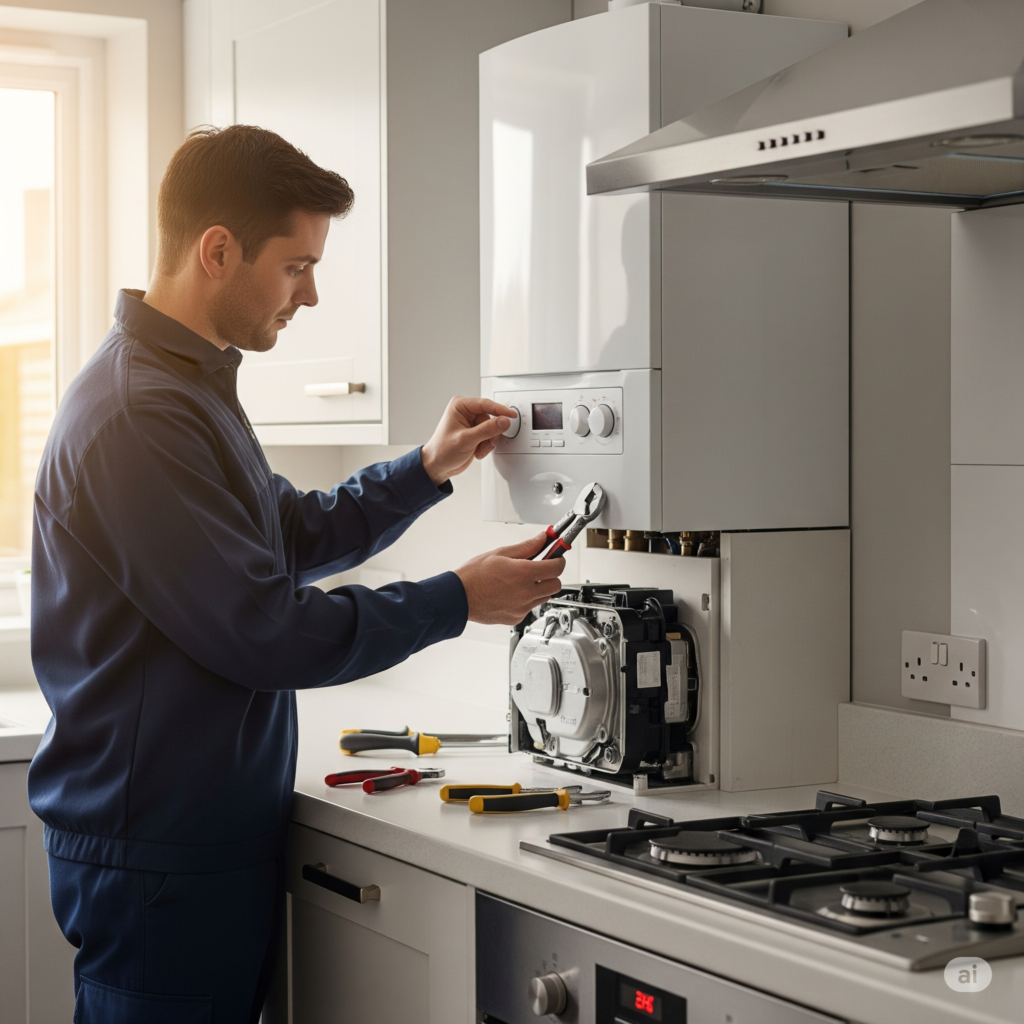 Close-up of a technician using pliers to tighten a valve inside a new combi boiler cabinet during a new boiler installation Newmarket service, showcasing detailed gas boiler installation Newmarket workmanship.