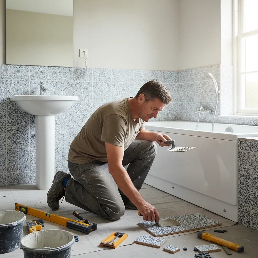 Bathroom installation in Local Area, fitter laying the final tile row