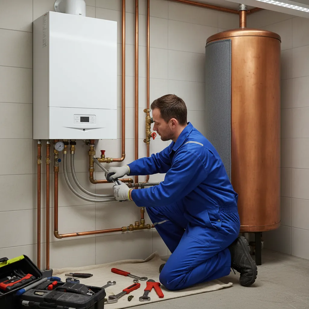 Old hot water cylinder being removed for combi conversion