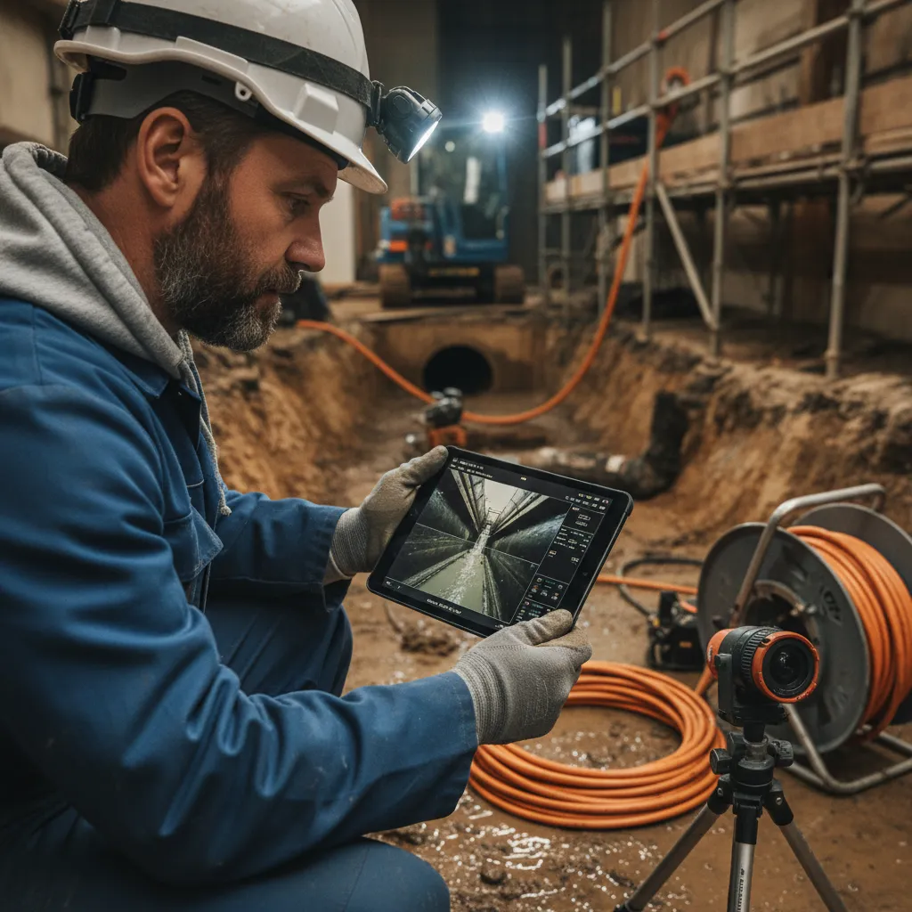 CCTV drain specialist reviewing footage from a drain survey