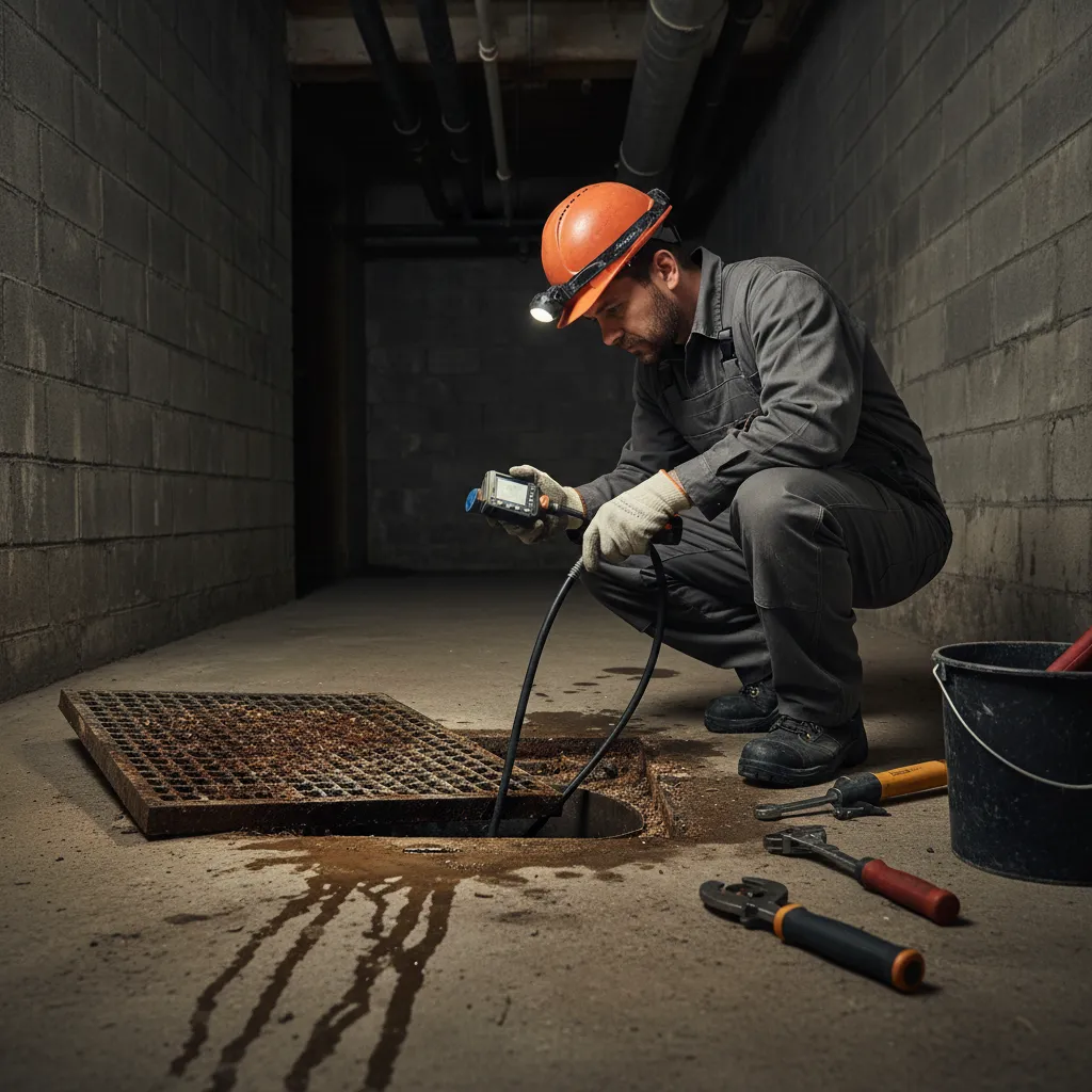 Commercial drainage inspection specialist at work