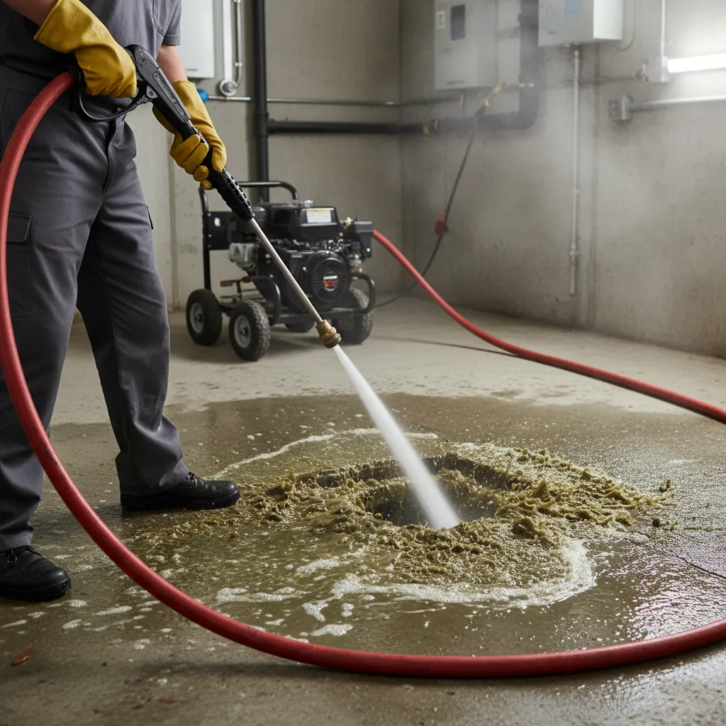 Drain cleaner using high-pressure hose to flush pipes