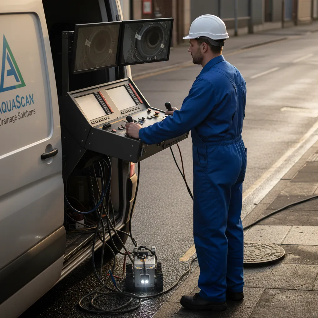 Drain engineer operating a CCTV camera inside a drain pipe