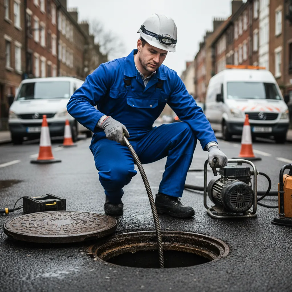 Drain engineer using a mechanical snake to unblock a drain
