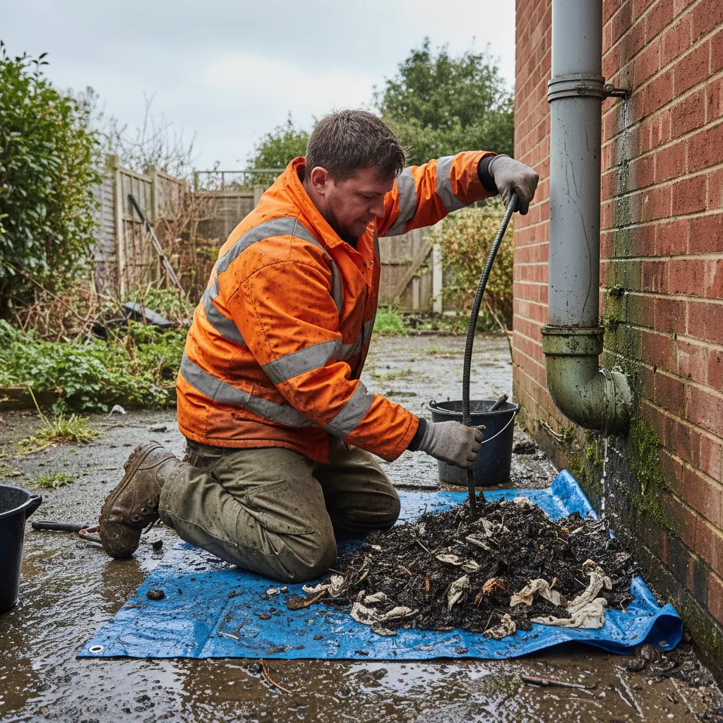 Drain worker unblocking a soil pipe as part of the process