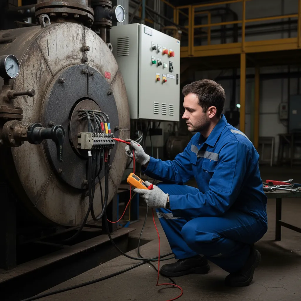 Engineer checking boiler power supply during service