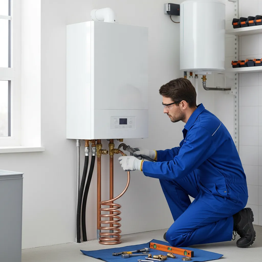 Engineer connecting pipes to a new condensing boiler