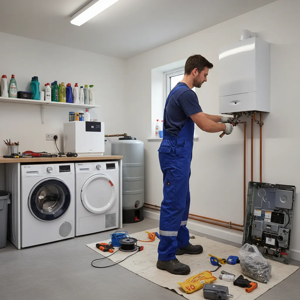 Engineer installing new boiler in a utility room