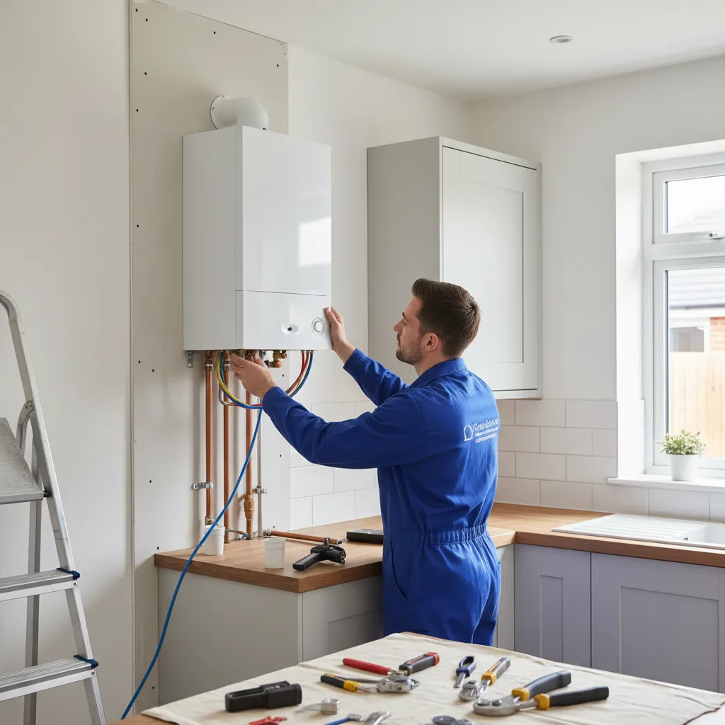 Engineer installing a new combi boiler in a kitchen