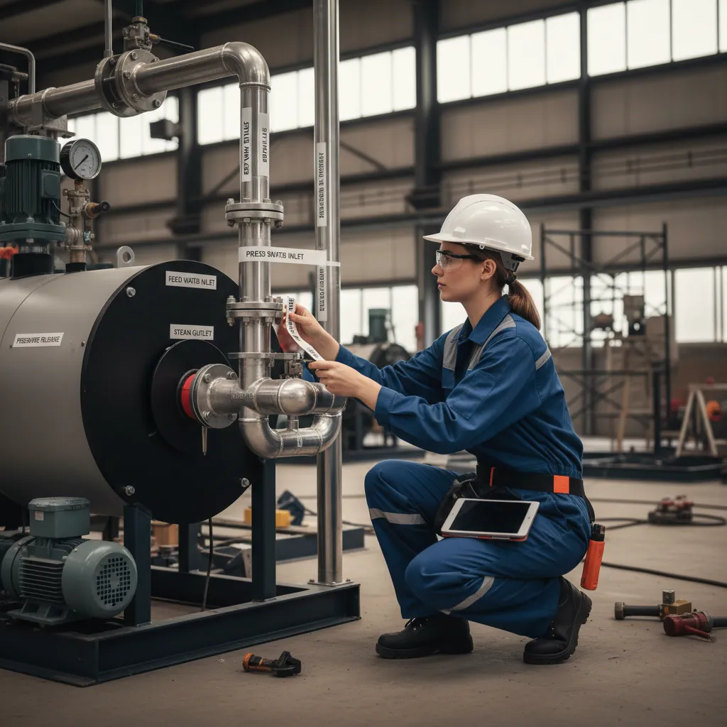 Engineer labelling boiler system during repair