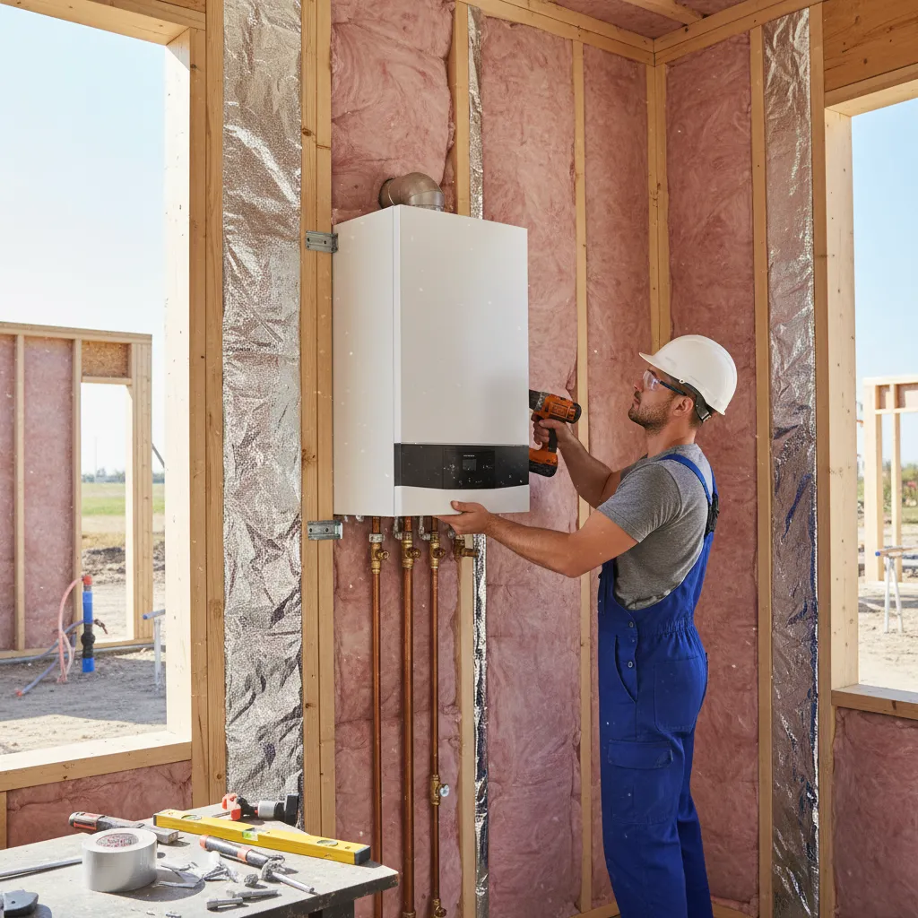 Engineer mounting a boiler to an insulated wall