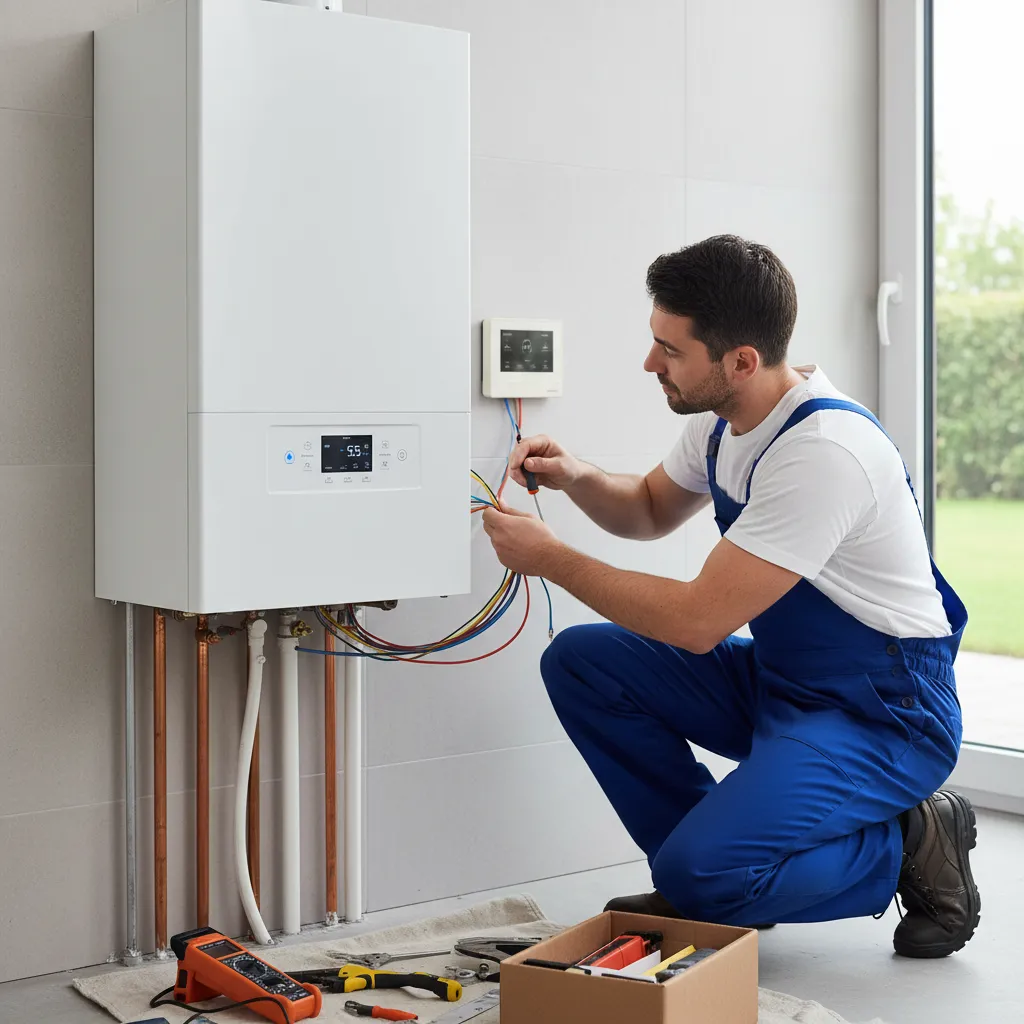 Engineer installing a smart thermostat during boiler installation