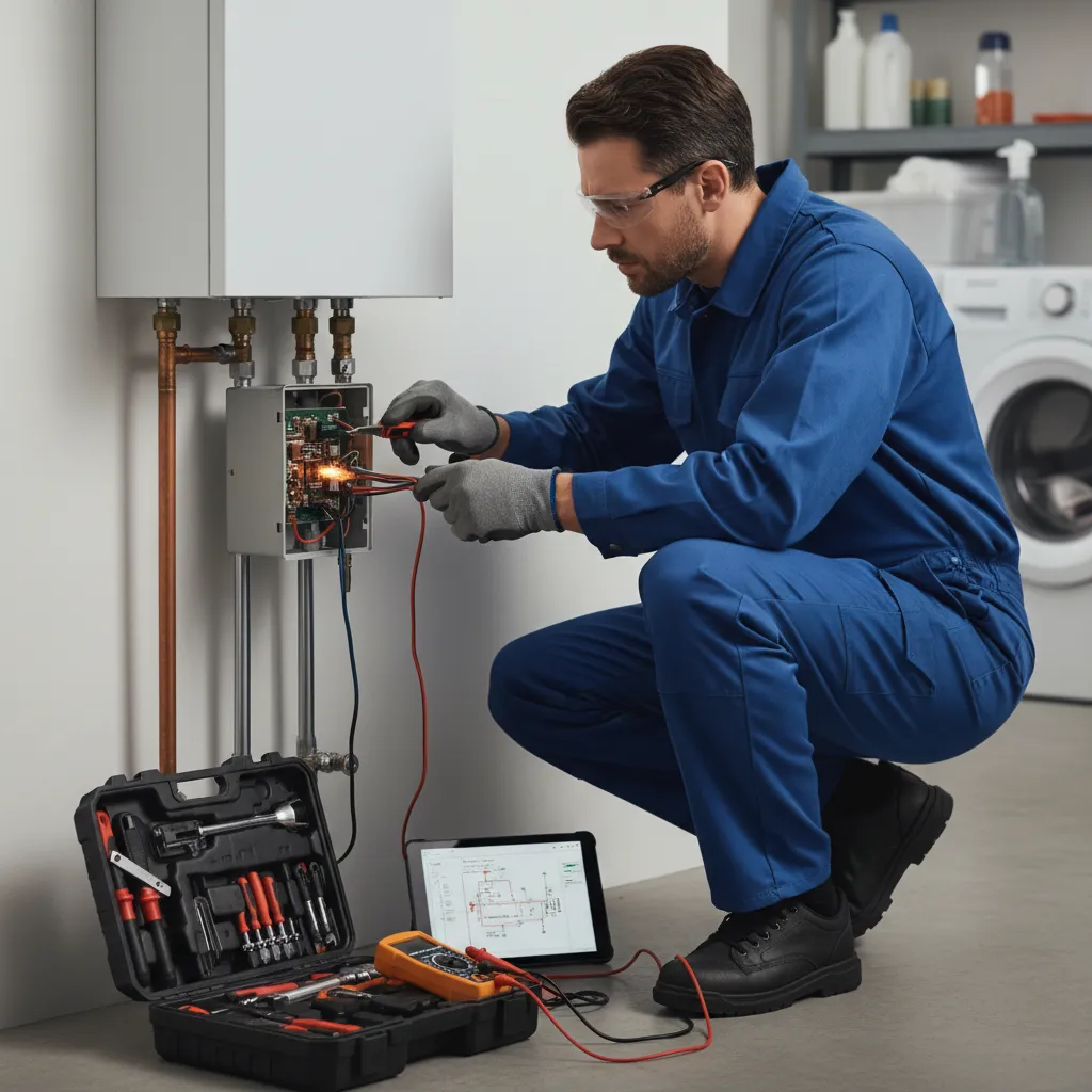 Engineer repairing a gas water heater ignition in Great Dunmow