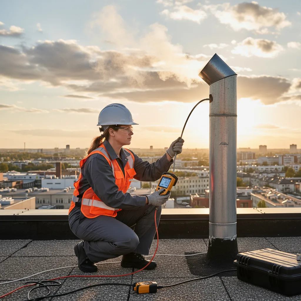 Engineer testing flue ventilation after boiler installation