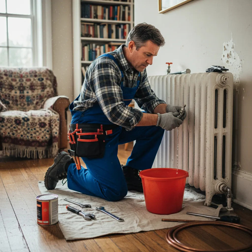 Heating engineer repairing a radiator in Polstead