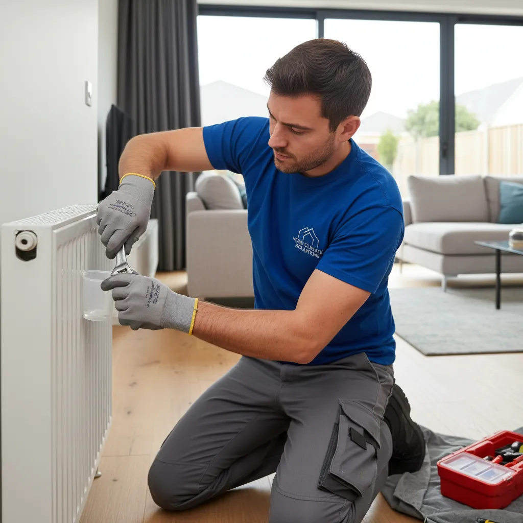 Heating technician working on a radiator bleed valve