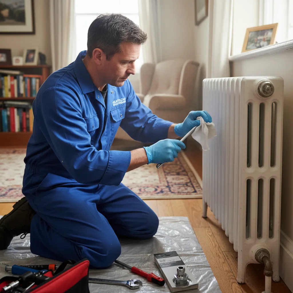 Heating technician replacing a radiator bleed valve