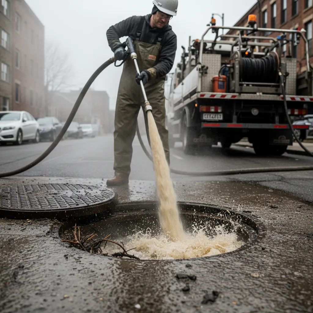 High-pressure drain jetting in action clearing a blockage