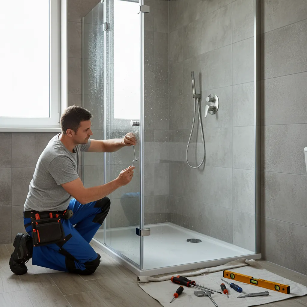 Plumbing engineer working on a shower installation in Harkstead