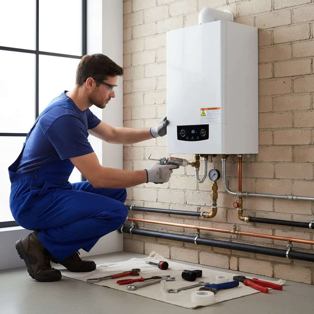 Engineer sealing joints on a newly installed regular boiler