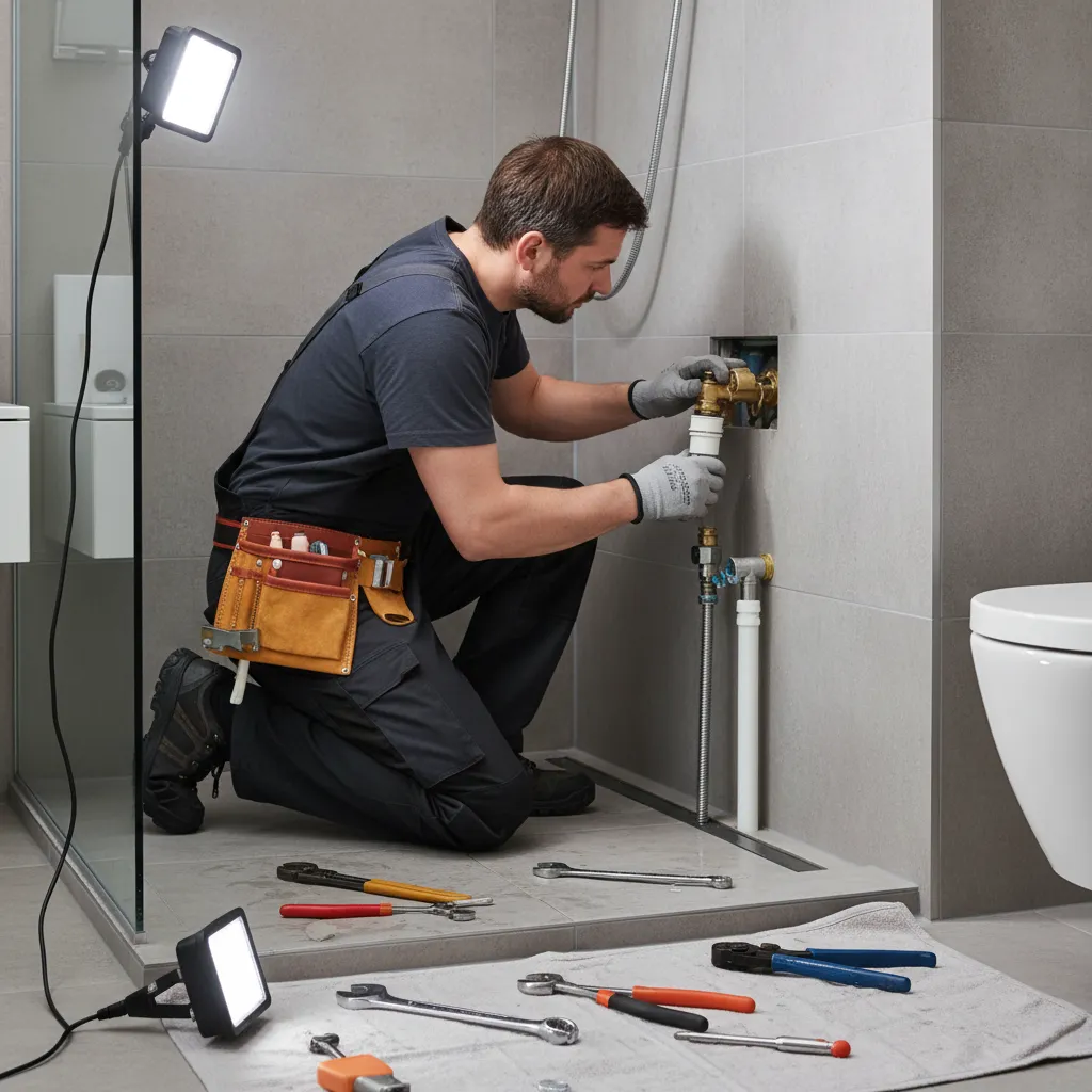 Plumber installing a new shower cartridge