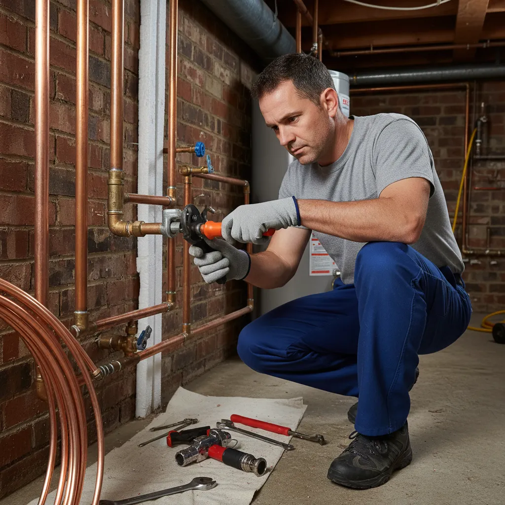 Plumber cutting copper pipe