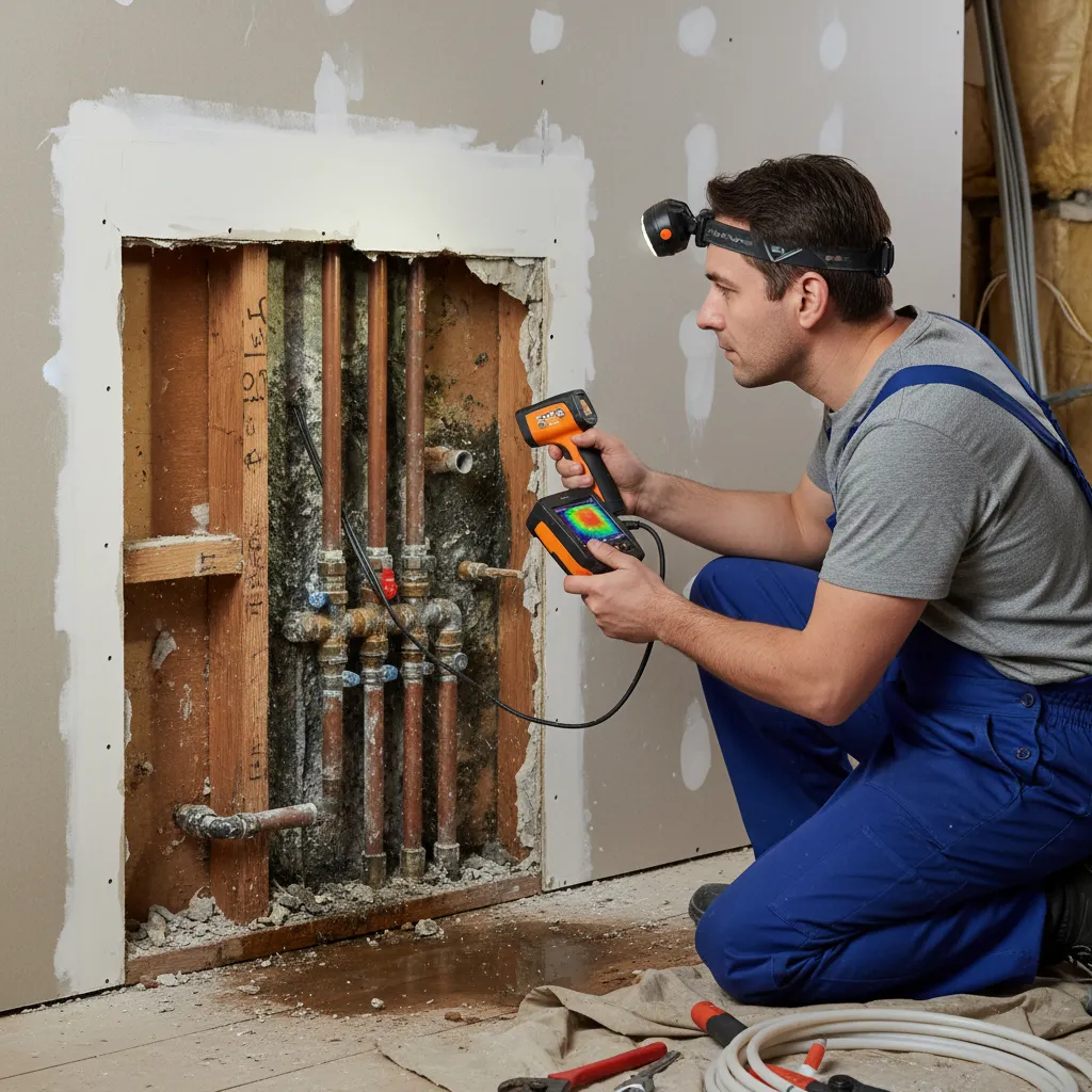 Plumber detecting wall pipe leaks with equipment