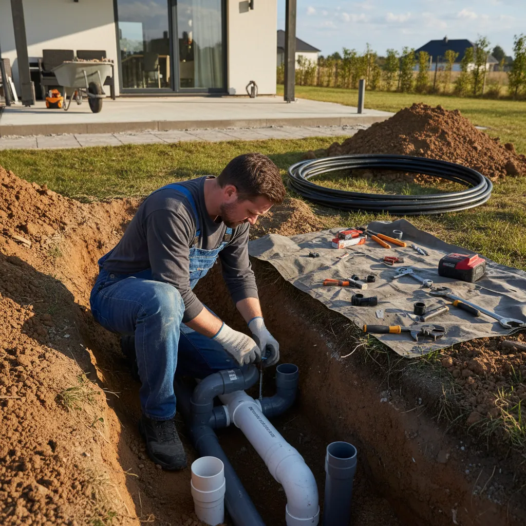 Plumber installing drainage pipe