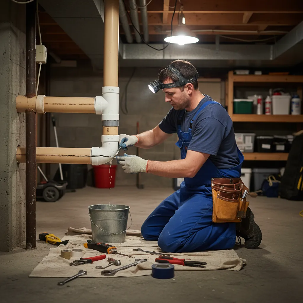 Plumber repairing a cracked waste pipe