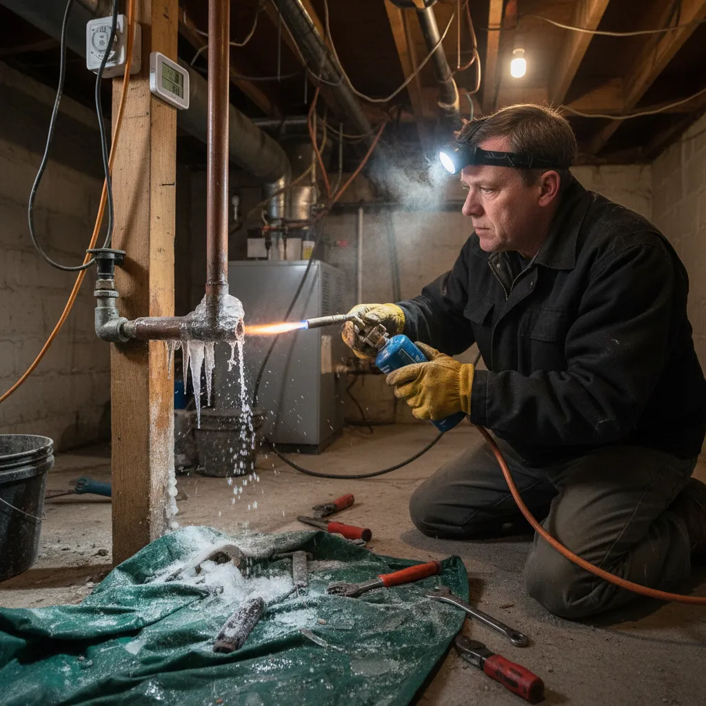 Plumber repairing frozen pipe